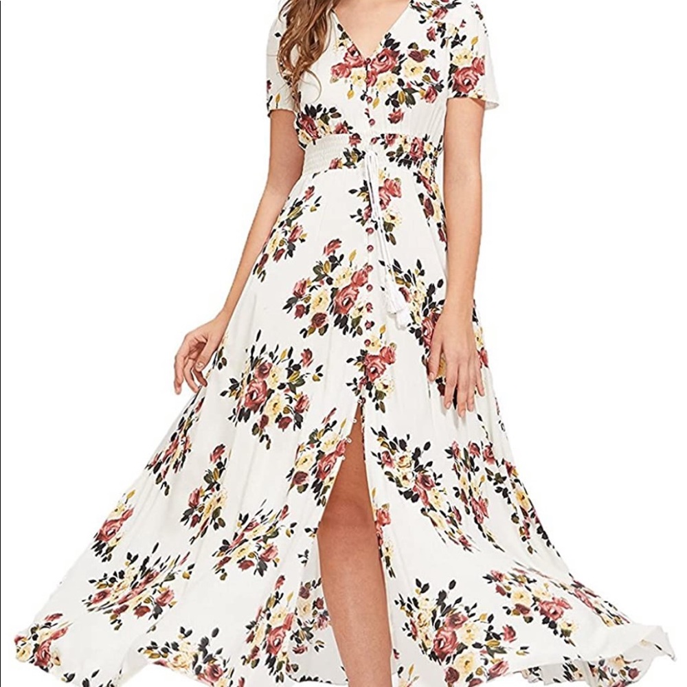 Floral Print Button Up Split Flowy Maxi Dress